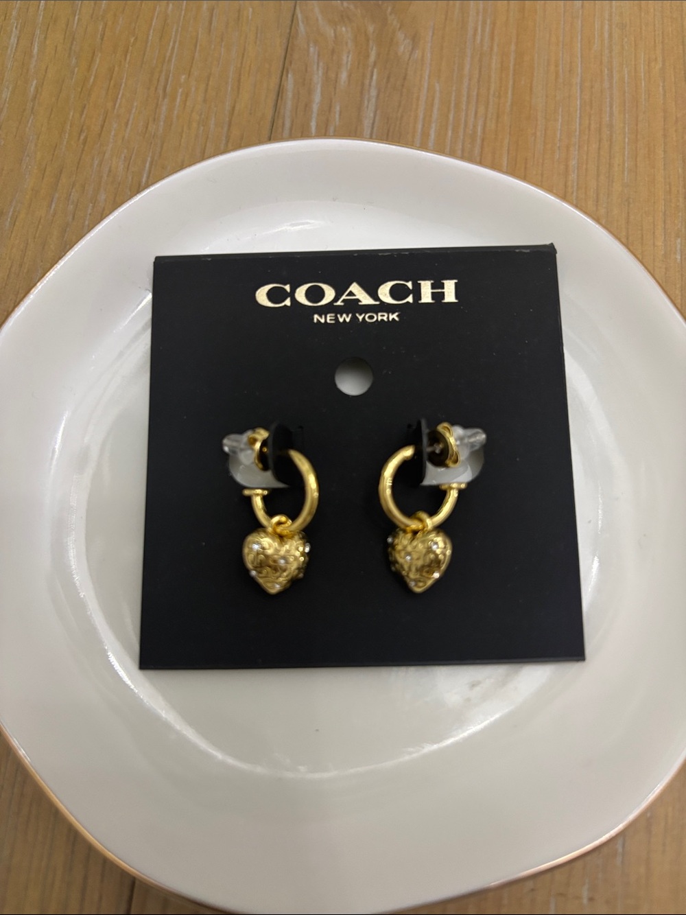 COACH Gold Heart Charm Hoop Earrings